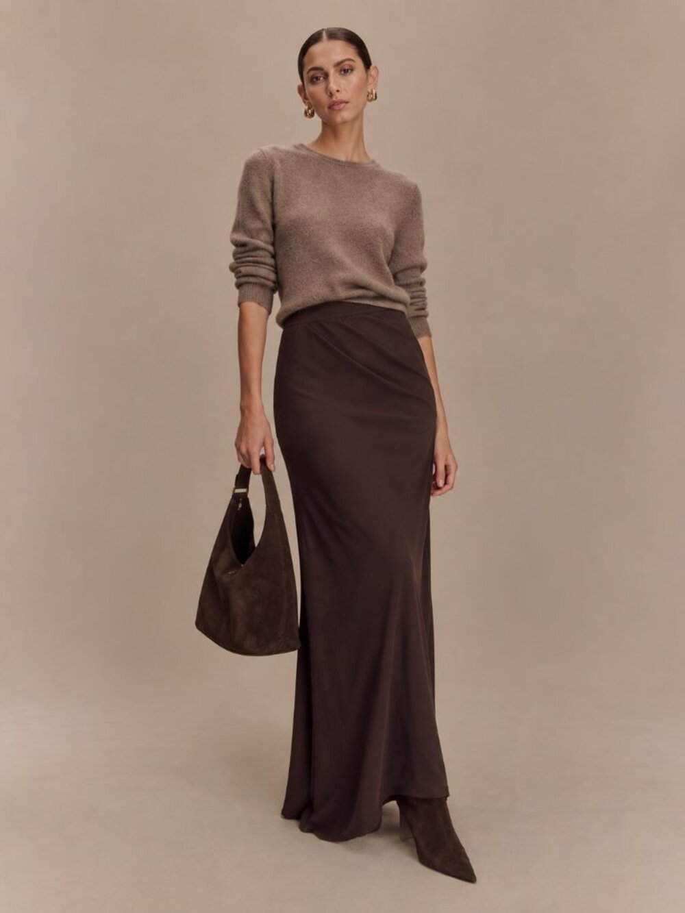 Meshki Violeta Lightweight Sueded Bias Cut Maxi Skirt - Dark Chocolate - NWT XXS